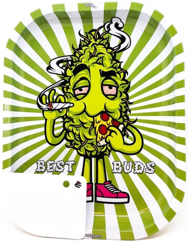Best Buds Éhes pizza kis fém gördülő tálca mágneses daráló kártyával