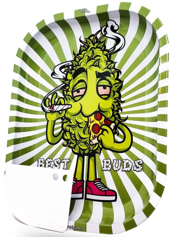 Best Buds Éhes pizza kis fém gördülő tálca mágneses daráló kártyával
