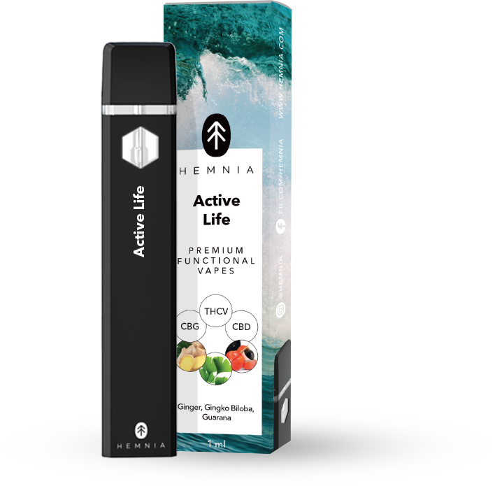 Hemnia Prémium funkcionális THCV, CBG és CBD Vape Pen Active Life - 20% THCV, 50% CBG, 25% CBD, gyömbér, gingko, guarana, 1 ml